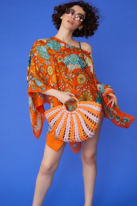 JAYLEY Orange Straw Half Moon Beach Bag