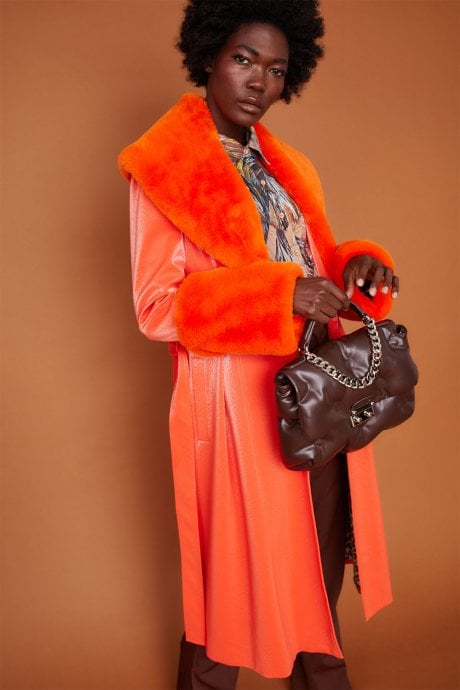 JAYLEY Orange Trench Style Belted Coat With Faux Fur Cuffs And Collar