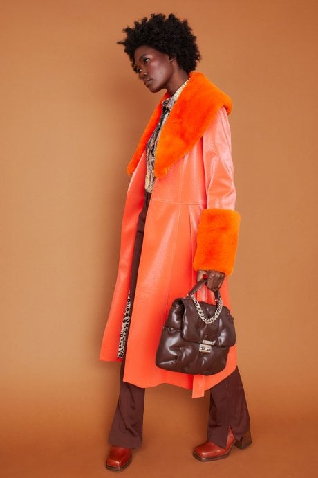 JAYLEY Orange Trench Style Belted Coat With Faux Fur Cuffs And Collar