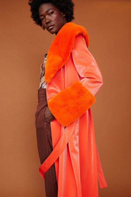 JAYLEY Orange Trench Style Belted Coat With Faux Fur Cuffs And Collar