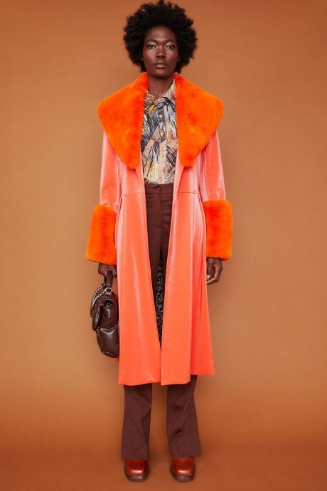 JAYLEY Orange Trench Style Belted Coat with Faux Fur Cuffs and Collar