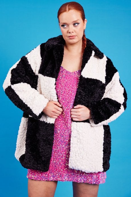 JAYLEY Oversized Black And White Midi Checkered Coat