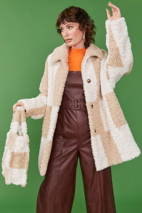 JAYLEY Oversized Mocha And Cream Checkered Midi Coat