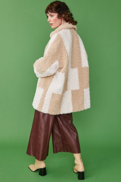 JAYLEY Oversized Mocha And Cream Checkered Midi Coat