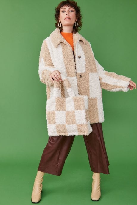 JAYLEY Oversized Mocha and Cream Checkered Midi Coat