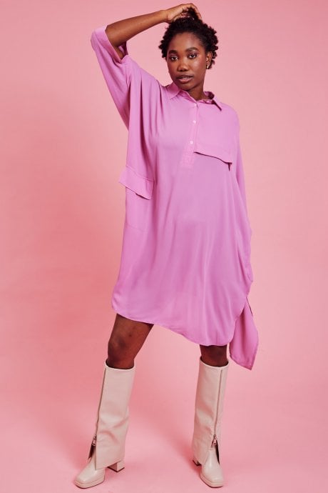 JAYLEY Oversized Pink Silk Blend Shirt Dress