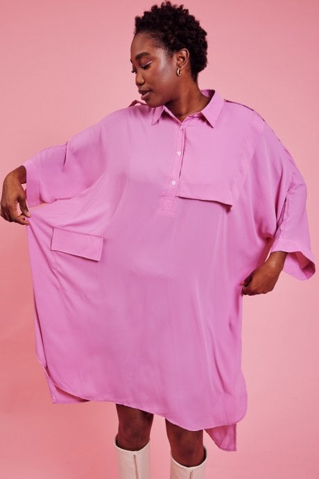 JAYLEY Oversized Pink Silk Blend Shirt Dress