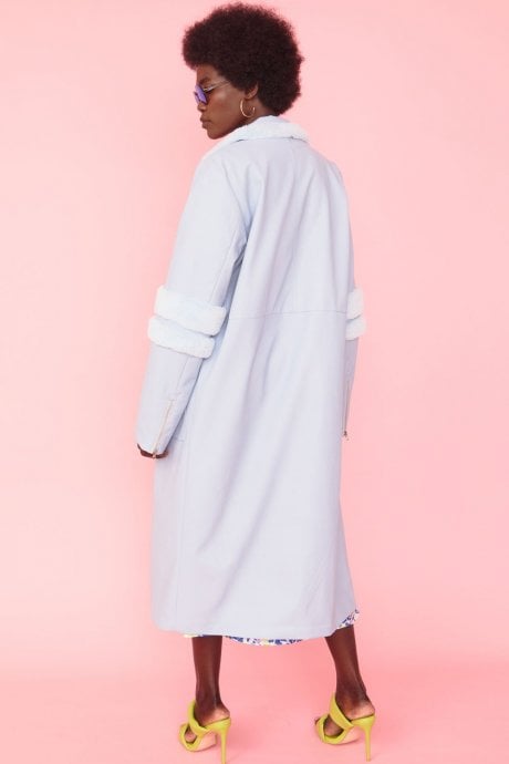 JAYLEY Pastel Blue Maxi Coat In Faux Suede With Faux Fur Trim