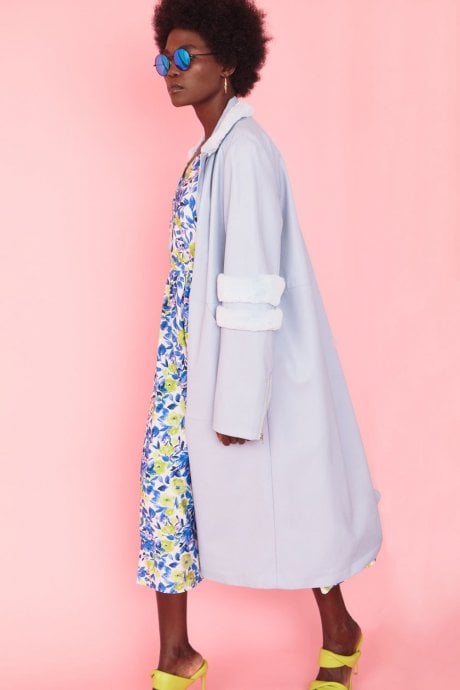 JAYLEY Pastel Blue Maxi Coat In Faux Suede With Faux Fur Trim