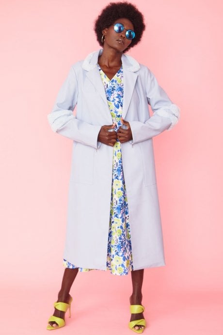 JAYLEY Pastel Blue Maxi Coat in Faux Suede with Faux Fur Trim