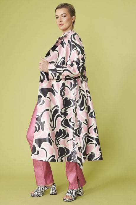 JAYLEY Pink And Black Eco Faux Suede Swirl Print Trench Coat