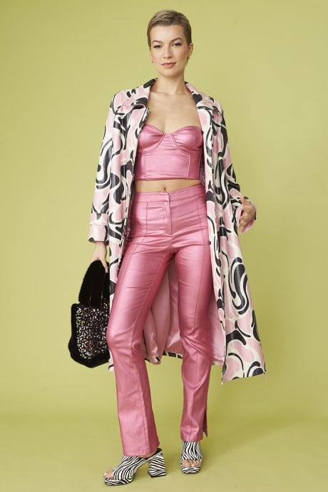 JAYLEY Pink and Black Eco Faux Suede Swirl Print Trench Coat