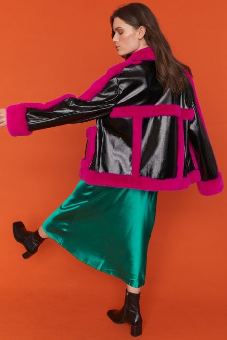 JAYLEY Pink And Black Faux Leather With Faux Fur Trim Aviator Jacket