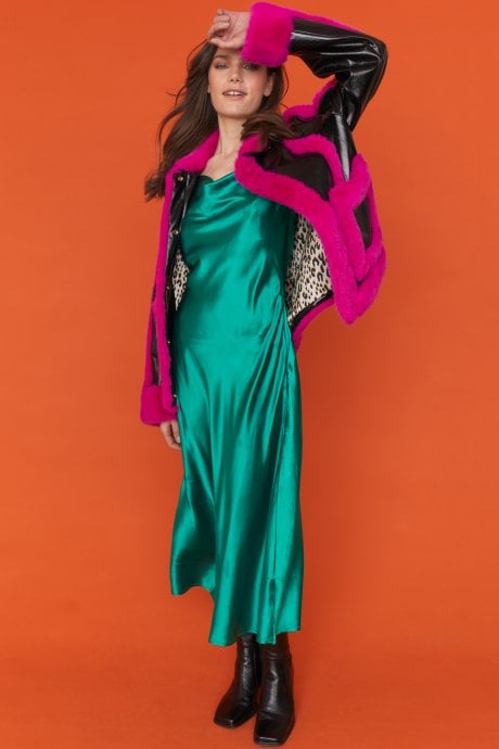 JAYLEY Pink And Black Faux Leather With Faux Fur Trim Aviator Jacket