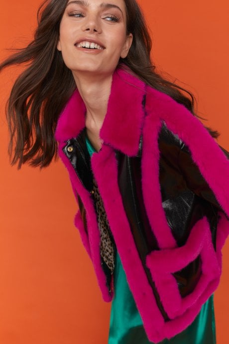 JAYLEY Pink And Black Faux Leather With Faux Fur Trim Aviator Jacket