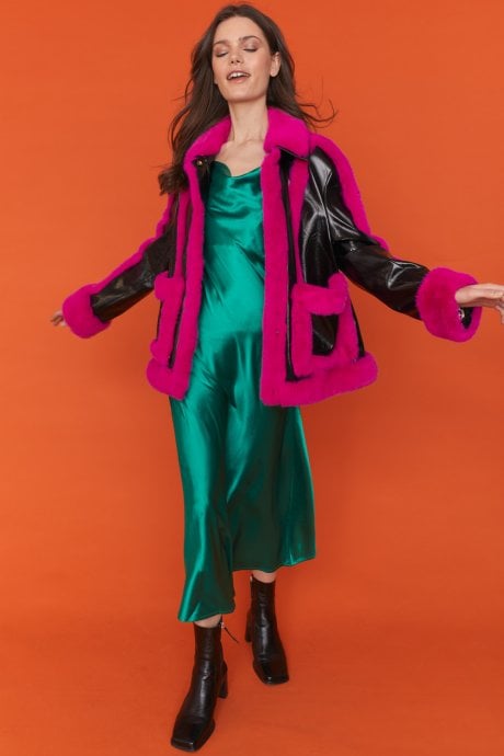 JAYLEY Pink and Black Faux Leather with Faux Fur Trim Aviator Jacket