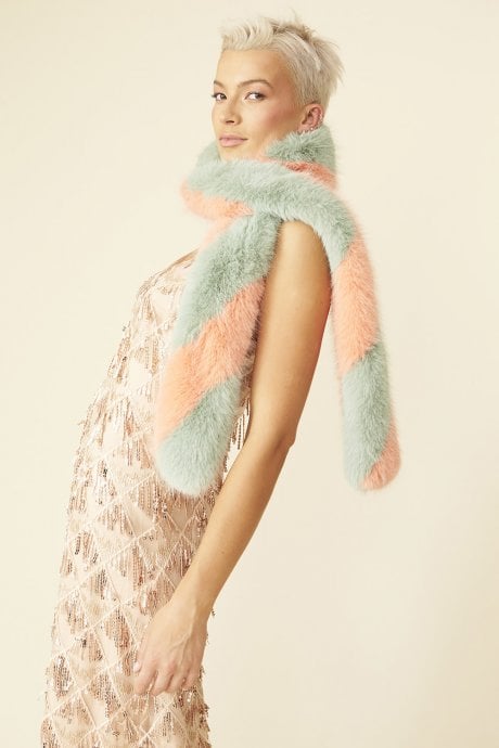 JAYLEY Pink And Green Faux Fur Barber Style Scarf