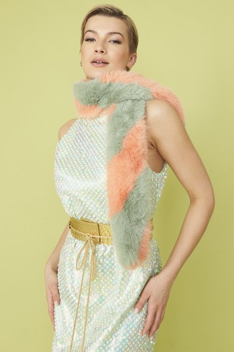 JAYLEY Pink and Green Faux Fur Barber Style Scarf