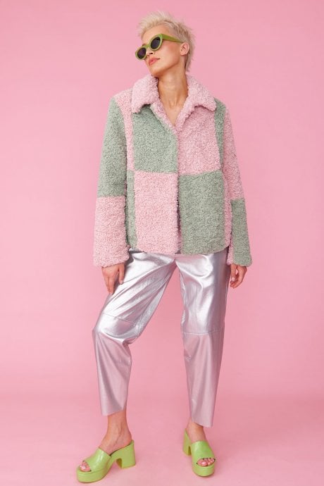 JAYLEY Pink And Green Faux Shearling Big Check Oversized Coat