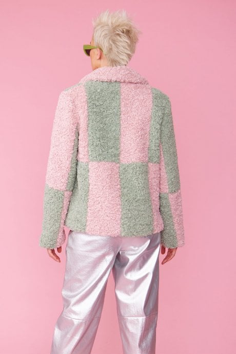 JAYLEY Pink And Green Faux Shearling Big Check Oversized Coat