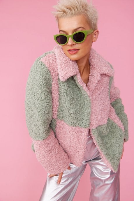 JAYLEY Pink And Green Faux Shearling Big Check Oversized Coat