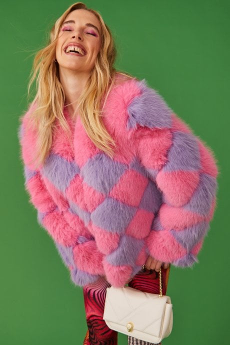 JAYLEY Pink And Purple Delilah Diamond Faux Fur Jacket