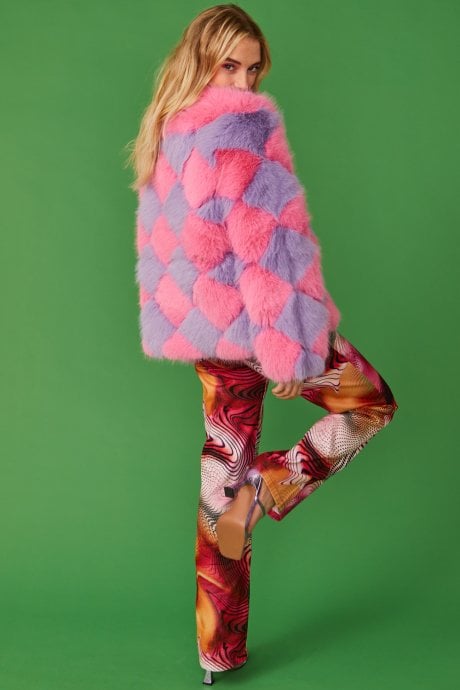 JAYLEY Pink and Purple Delilah Diamond Faux Fur Jacket