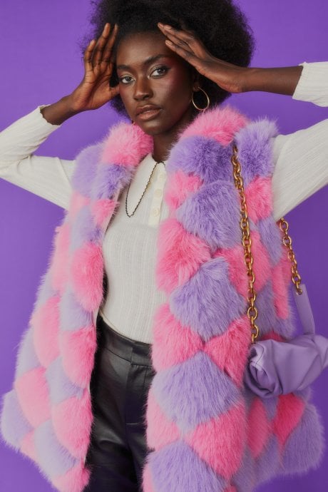 JAYLEY Pink and Purple Faux Fur Block Gilet With Hood