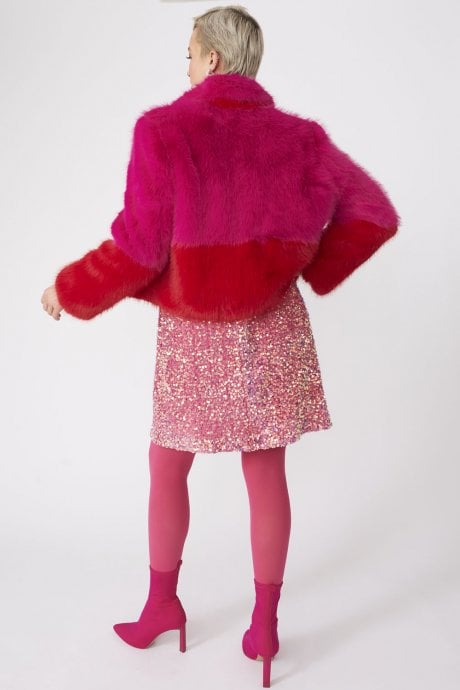 JAYLEY Pink And Red Bamboo Faux Fur Two Tone Double Cropped Coat