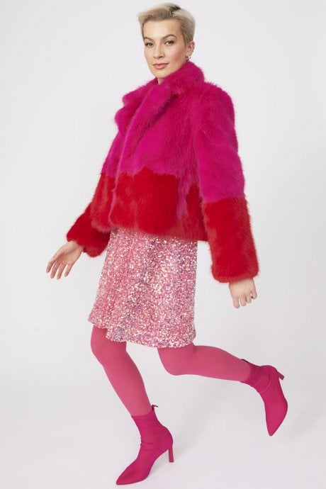 JAYLEY Pink And Red Bamboo Faux Fur Two Tone Double Cropped Coat