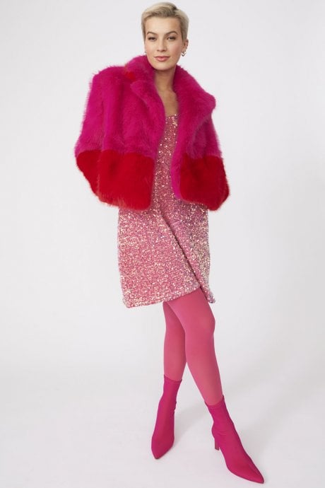JAYLEY Pink and Red Bamboo Faux Fur Two Tone Double Cropped Coat