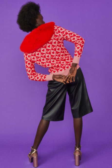 JAYLEY Pink And Red Heart Banana Peel Cardigan With Faux Fur Collar