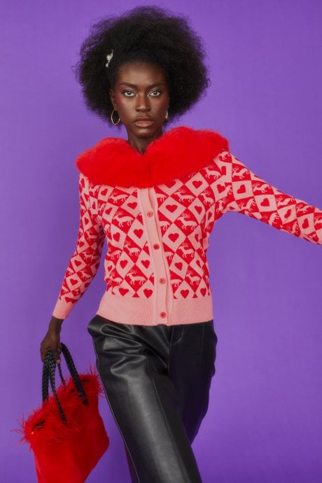JAYLEY Pink And Red Heart Banana Peel Cardigan With Faux Fur Collar