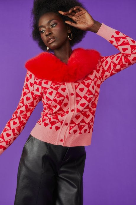 JAYLEY Pink and Red Heart Banana Peel Cardigan with Faux Fur Collar
