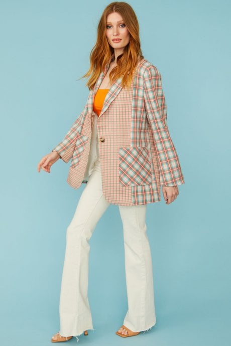 JAYLEY Pink And Teal Check Blazer Jacket