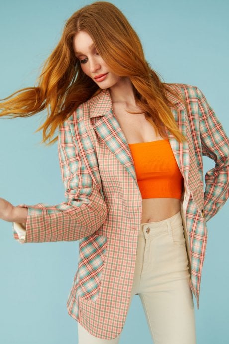 JAYLEY Pink And Teal Check Blazer Jacket