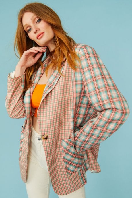 JAYLEY Pink and Teal Check Blazer Jacket