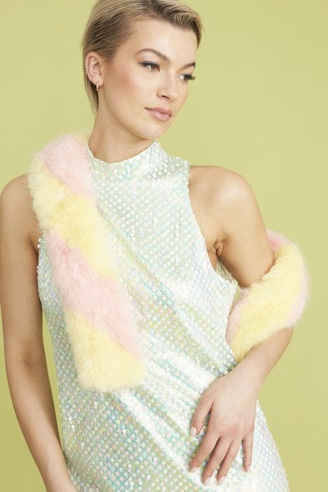 JAYLEY Pink and Yellow Faux Fur Barber Style Scarf
