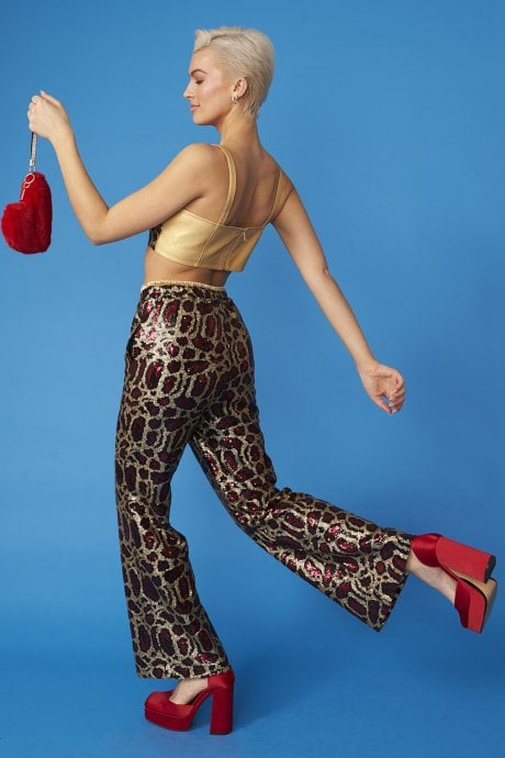 JAYLEY Pink Animal Print Sequin Trousers