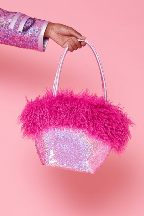 JAYLEY Pink Bamboo Sequins Faux Fur Bag