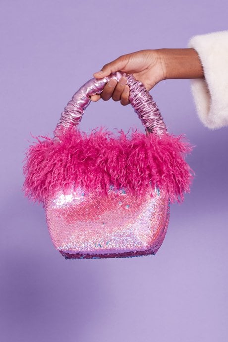 JAYLEY Pink Bamboo Sequins Faux Fur Bag