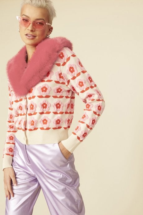 JAYLEY Pink Banana Peel Floral Cardigan with Faux Fur Collar