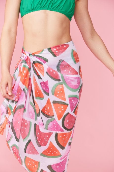 JAYLEY Pink Cashmere And Silk Blend Water Melon Print Tassel Sarong Wrap