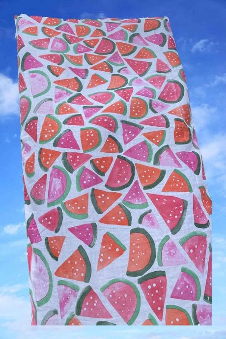 JAYLEY Pink Cashmere And Silk Blend Water Melon Print Tassel Sarong Wrap
