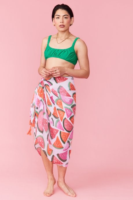 JAYLEY Pink Cashmere and Silk Blend Water Melon Print Tassel Sarong Wrap