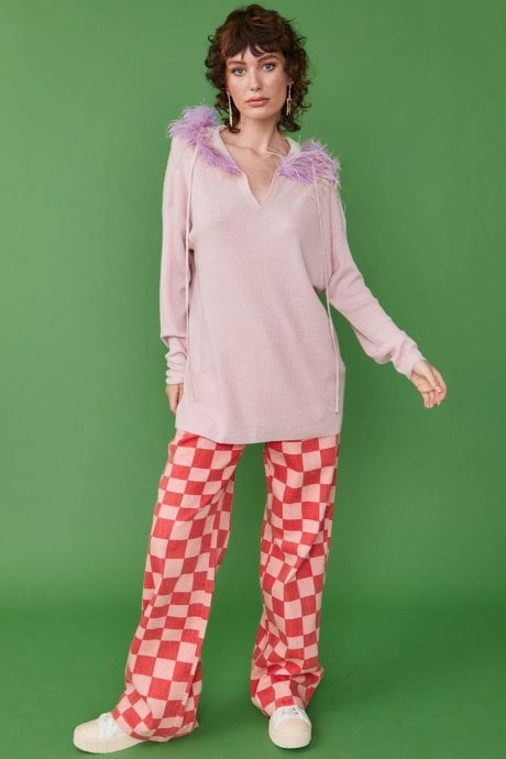 JAYLEY Pink Cashmere Blend Hooded Jumper with Feathered Hood