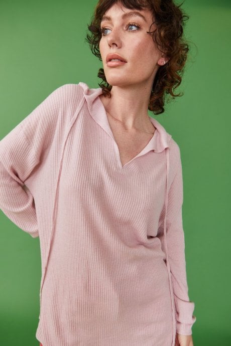 JAYLEY Pink Cashmere Blend Ribbed Hoodie