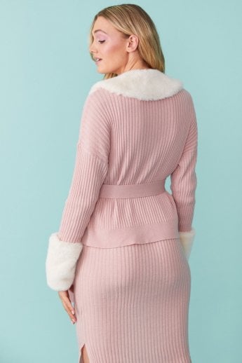JAYLEY Pink Cashmere Cardigan With Detachable Faux Fur Collar & Cuffs