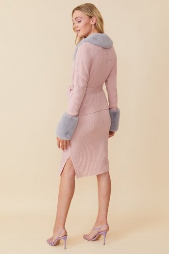JAYLEY Pink Cashmere Cardigan With Detachable Faux Fur Collar & Cuffs
