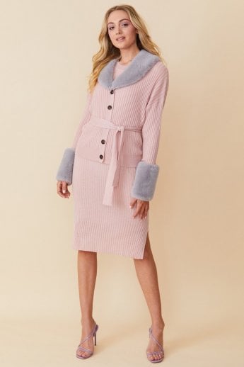 JAYLEY Pink Cashmere Cardigan With Detachable Faux Fur Collar & Cuffs